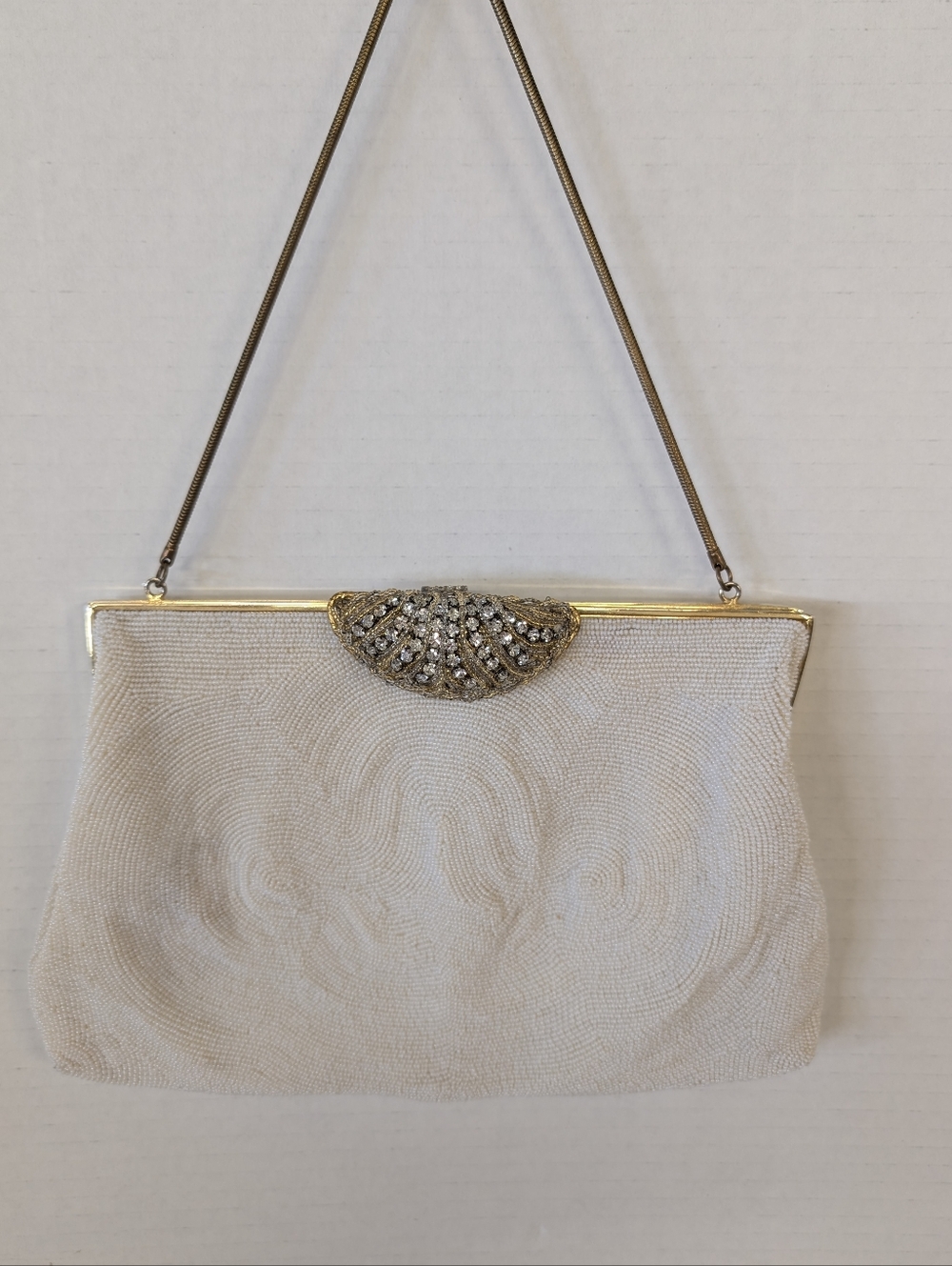 Vintage Bag I. MAGNIN Beaded Cream Evening Clutch with Rhinestone Accent